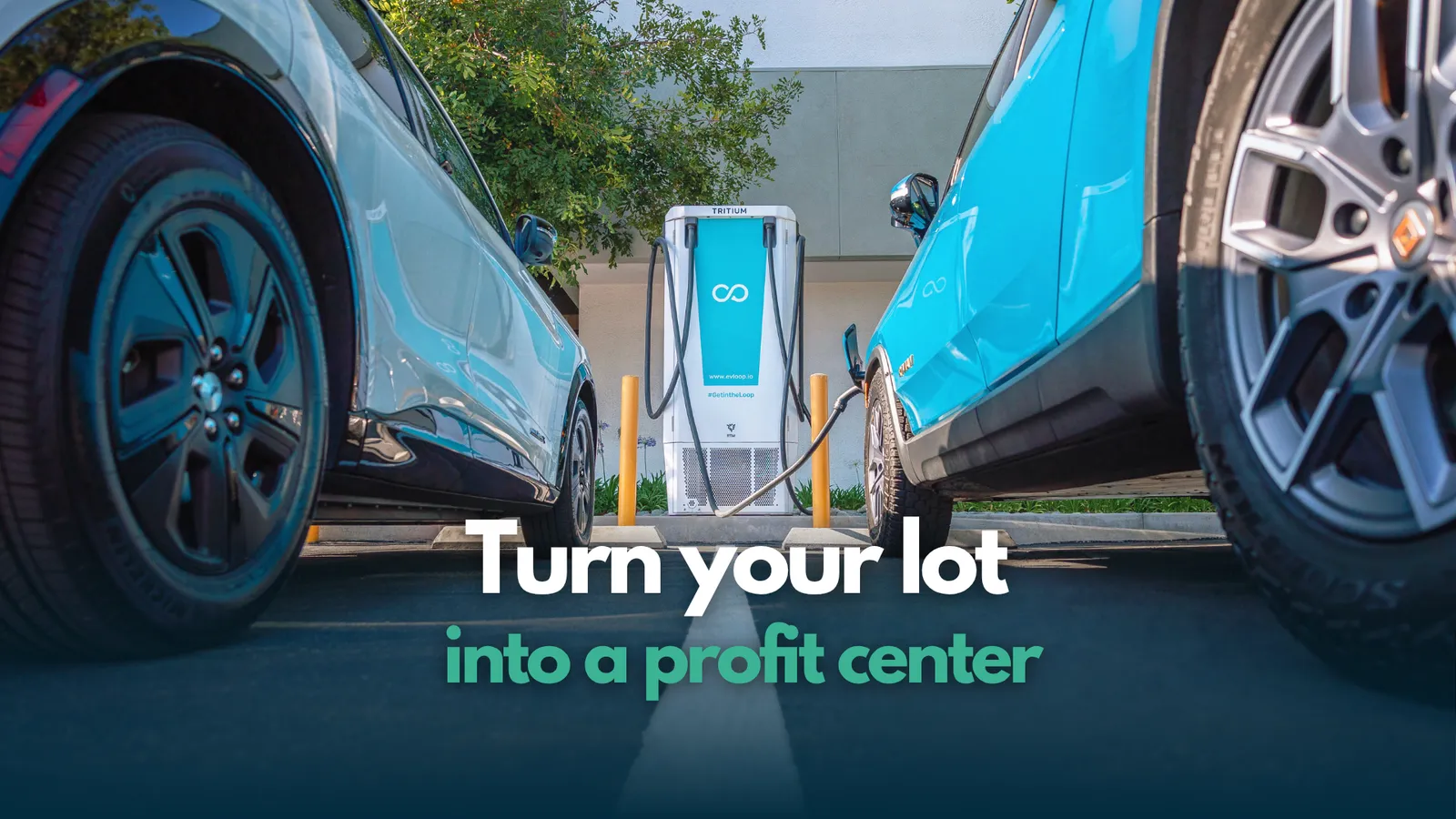 Electric vehicles charging at an Act2EV station, with the line “Turn your lot into a profit center”