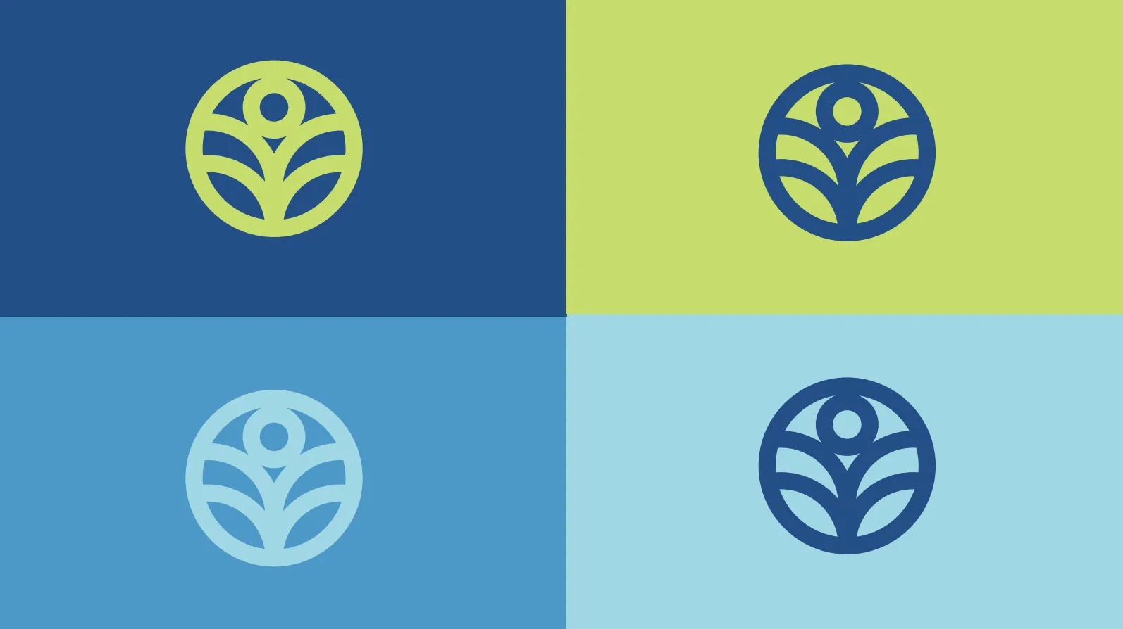 Four-color grid with a circular leaf-like logo in each quadrant, each in contrasting blue and green tones