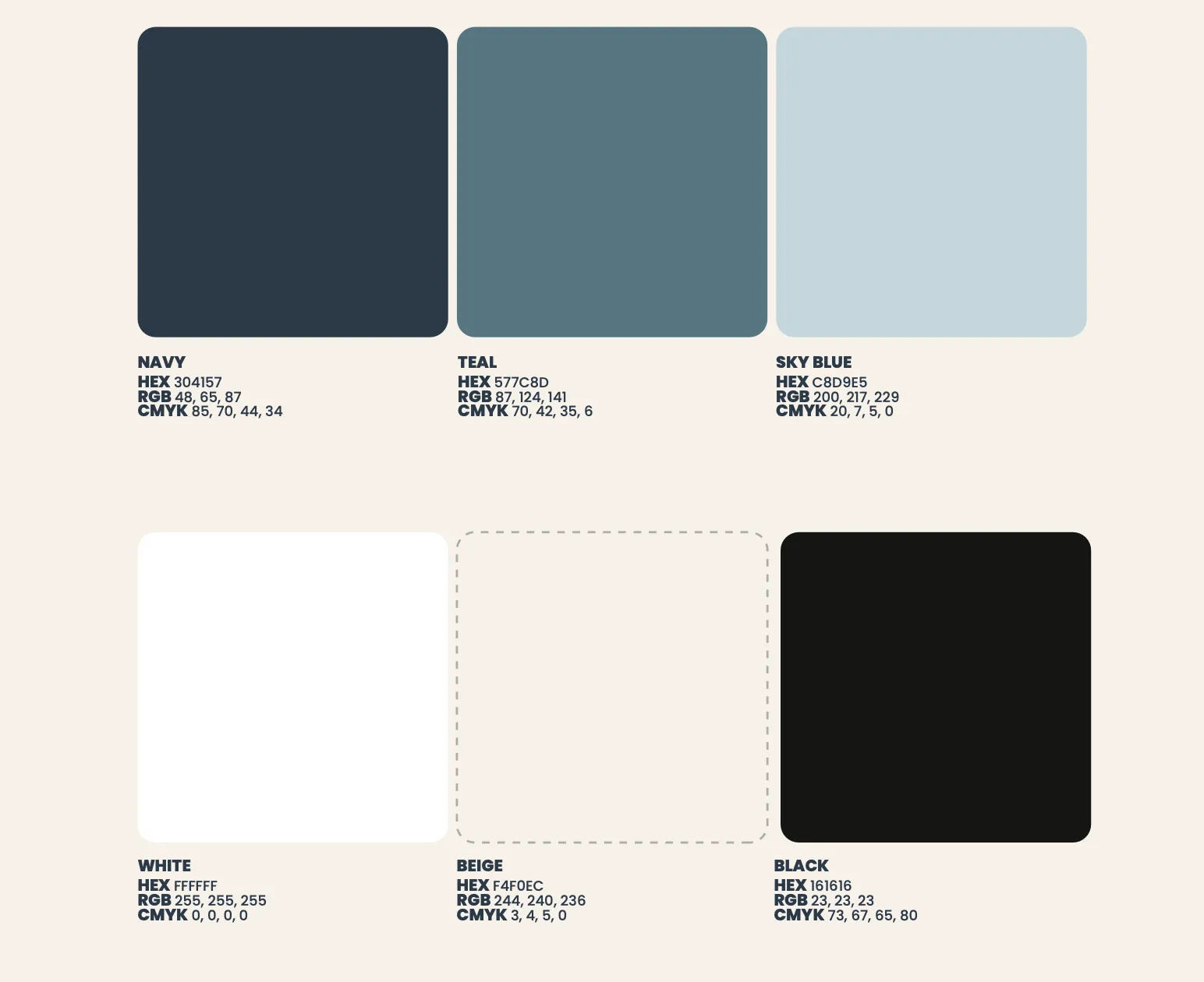 Six-color neutral palette swatches: navy, teal, light blue, white, cream, and black.
