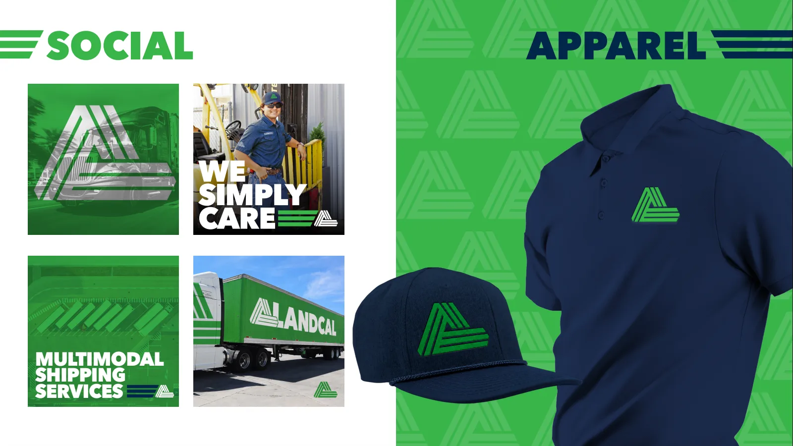 LandCal social media graphics and branded apparel in the evolved green and navy identity