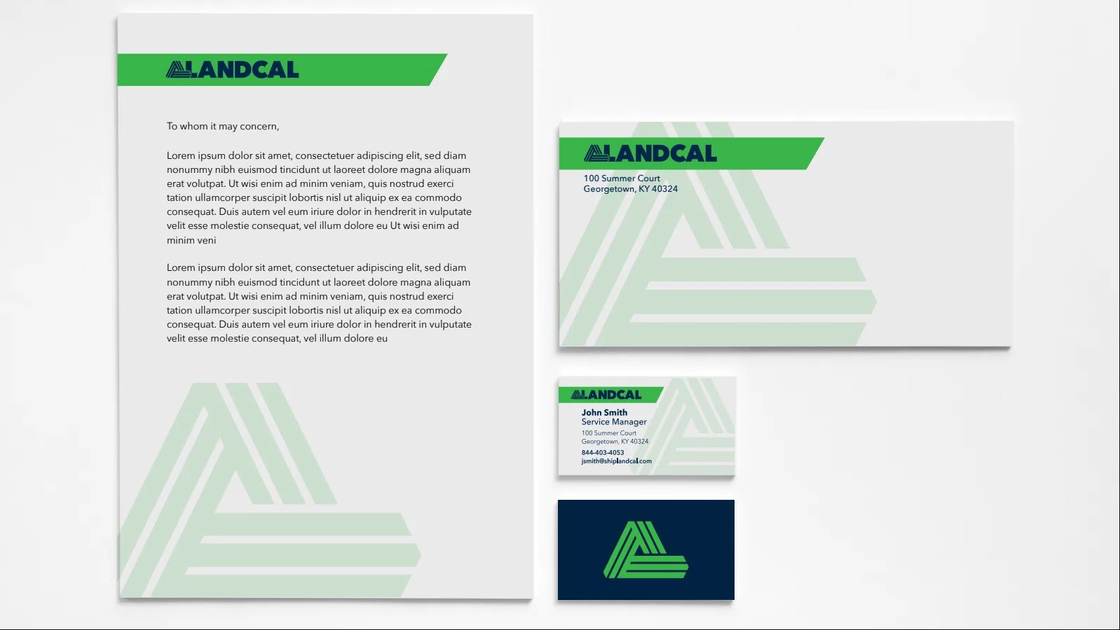 LandCal letterhead, envelope and business cards in the new brand