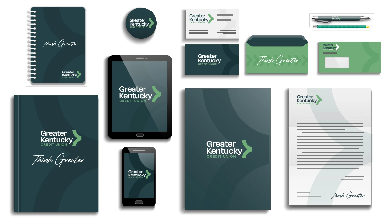 Greater Kentucky Credit Union brand applied across stationery, devices, and print
