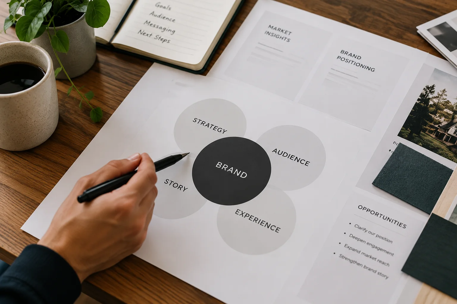A hand pointing to a brand strategy diagram linking strategy, audience, story, and experience